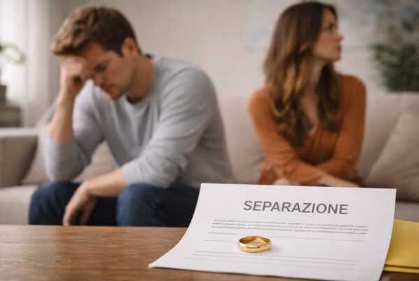 Documento di separazione con una fede nuziale appoggiata sopra, in primo piano, mentre una coppia seduta sul divano sullo sfondo appare distante e turbata