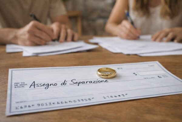 Assegno di separazione appoggiato su un tavolo davanti a un uomo e una donna