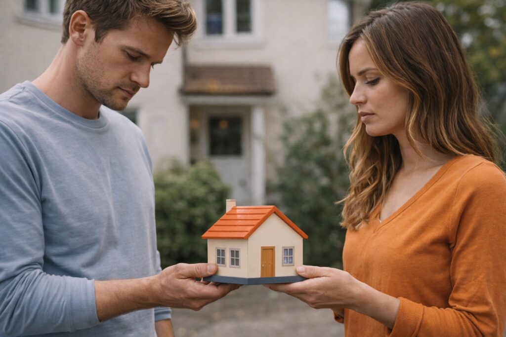 Coniugi che tengono un modellino di casa durante la divisione dell’immobile nella separazione o nel divorzio con trasferimento della proprietà tra coniugi