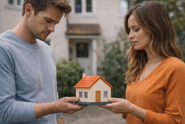 Coppia separata che tiene insieme un modellino di una casa, guardandolo con espressione seria, a simboleggiare il momento della decisione sul trasferimento dei beni immobiliari in sede di separazione o divorzio