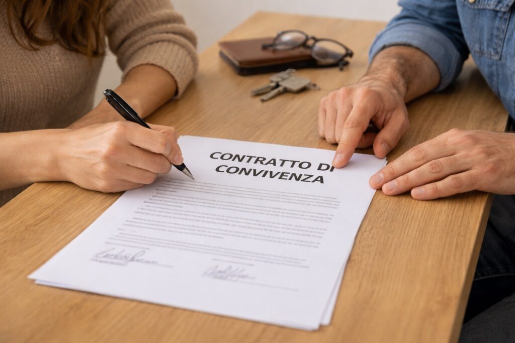 Due persone sedute a un tavolo di legno mentre una donna firma un contratto di convivenza; accanto al documento ci sono chiavi, occhiali e un portafoglio