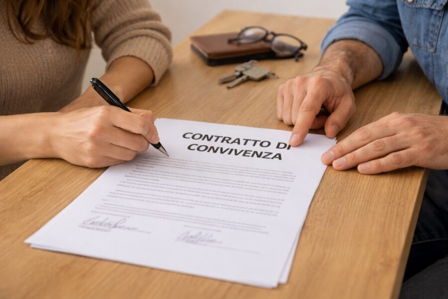 Due persone sedute a un tavolo di legno mentre una donna firma un contratto di convivenza; accanto al documento ci sono chiavi, occhiali e un portafoglio