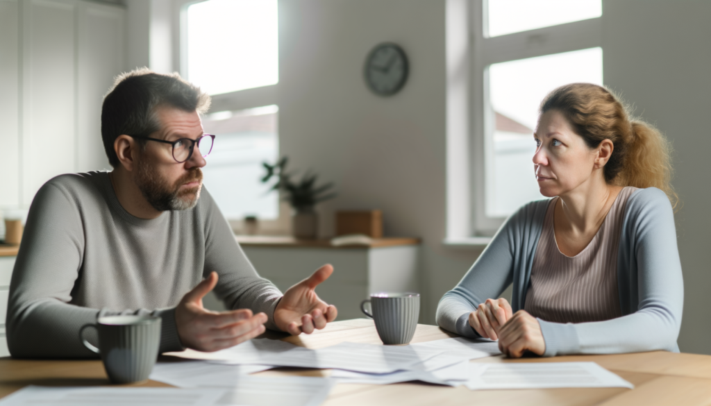 Coppia discute con calma i primi passi della separazione legale, un momento delicato che richiede consulenza professionale.