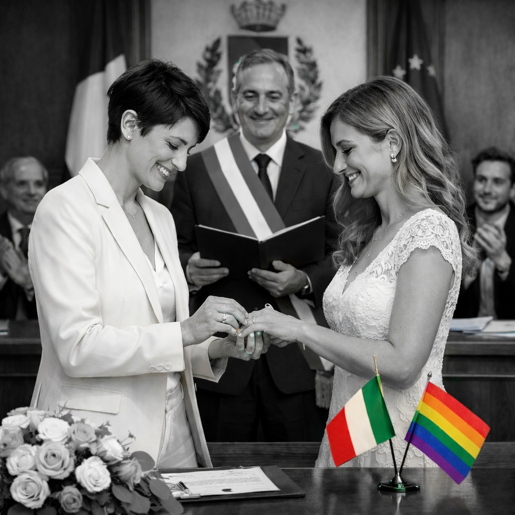 Due donne sorridono mentre si scambiano gli anelli durante una cerimonia di unione civile in una sala comunale. L’intera scena è in bianco e nero, tranne le bandiere arcobaleno sul tavolo, che risaltano a colori vividi. Sullo sfondo, il funzionario con fascia tricolore osserva il momento con un sorriso